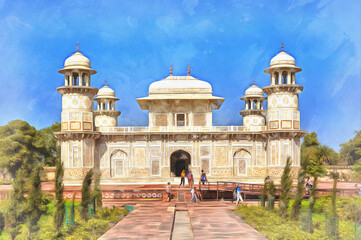 Fototapeta na wymiar Colorful painting of Itimad-ud-Daulah mausoleum Baby Taj Agra India