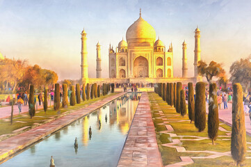 Colorful painting of Taj Mahal at sunrise