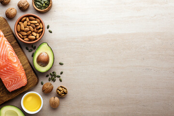 Healthy sources of fat, healthy eating. Ketogenic diet products on a light background.