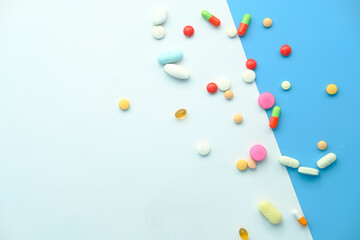Close up of many colorful pills and capsules 