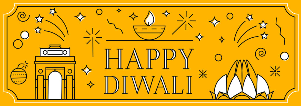Happy diwali greeting web banner in linear style with fireworks and petards, indian festival celebration background