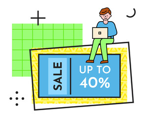 Sale banner with a man with laptop sitting on the advertising poster with lettering sale up to 40 . Smiling guy on the broadsheet typing on keyboard, discount shopping time, new season sale poster