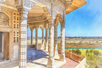 Colorful painting of Agra Fort Agra Uttar Pradesh India