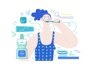 Medical insurance illustration - dental care - modern flat vector concept digital illustration of helthy teeth - woman brushing her teeth, mint dental floss, tothbrush, toothpaste, mouthwash, dentist