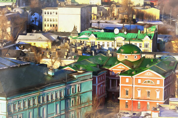 Moscow cityscape with vintage houses colorful painting looks like picture