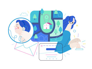 Medical insurance - clinic contacts -modern flat vector concept digital illustration of contact details -direction, map, email, phone, contact form, call operator. Medical help, part of insurance plan