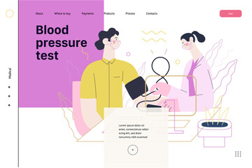 Medical tests template - blood pressure test - modern flat vector concept digital illustration of blood pressure measurement procedure - a patient and doctor with a meter, medical office or laboratory