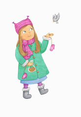 Little girl feeding a bird