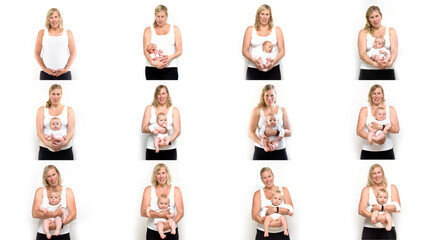 Baby development stages from birth to one year. Collage of stages of baby growth.