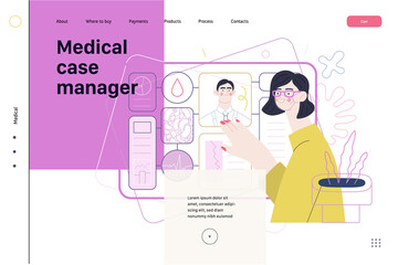 Medical insurance template -medical case manager -modern flat vector concept digital illustration of a manager reordering the medical procedures and diagnosiss, process metaphor, medical insurance