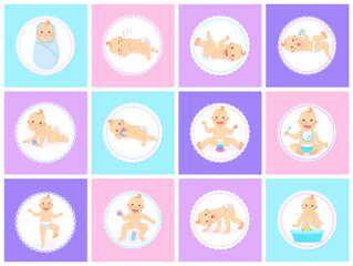 Cartoon set with cute little babies in diaper. Happy toddler plays with toy, birthday of baby, child learning to walk, baby smiling, child sits on potty, toddler crawling on the floor. Little kid