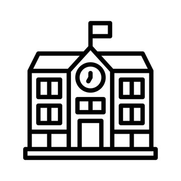 high school related school building with flag and clock vectors in lineal style,