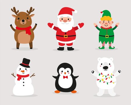 Christmas character set. Cute reindeer, Santa Claus, elf, snowman, penguin and polar beаr.  