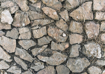 Texture, background of old, stone, cobblestone on an earthy surface.