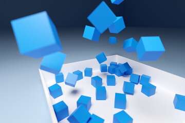  3D illustration volumetric blue cubes  falling in box on a geometric monophonic background. Parallelogram pattern. Technology geometry neon background
