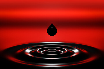 3D illustration a black petroleum. drop of oil falls into a large container with waves on red  background.  Close up of a black water drops. - obrazy, fototapety, plakaty