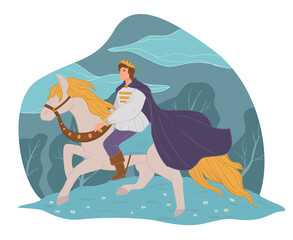 Handsome prince on white horse, fairy tale vector - obrazy, fototapety, plakaty