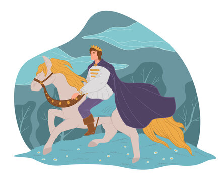 Handsome prince on white horse, fairy tale vector