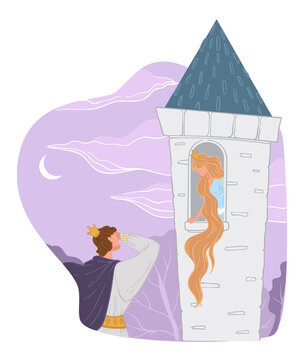 Prince and princess with long hair in tall tower