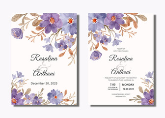 Wedding invitation card with purple floral and brown leaves watercolor