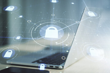 Creative light lock illustration with microcircuit on modern computer background, cyber security concept. Multiexposure