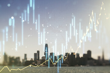 Multi exposure of virtual abstract financial graph interface on San Francisco cityscape background, financial and trading concept
