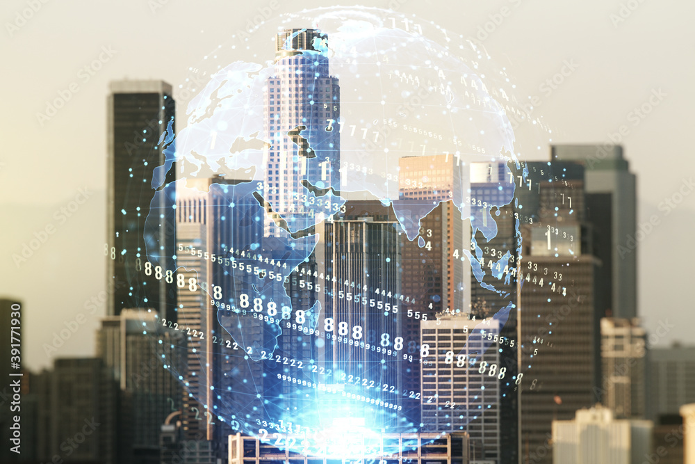 Poster multi exposure of abstract programming language hologram and world map on los angeles office buildin