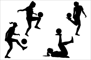 Set of female freestyle football and juggling vector silhouettes