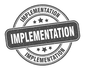implementation stamp. implementation label. round grunge sign