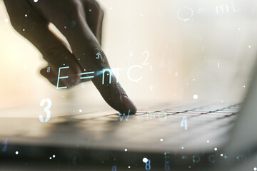 Creative scientific formula hologram with hands typing on computer keyboard on background, research...