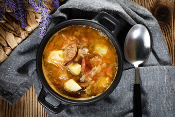 Traditional russian sour cabbage soup