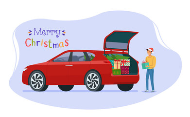 Man loading christmas gifts into the trunk of a car. Vector flat style illustration.