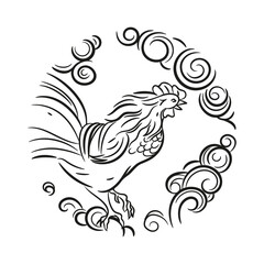 Vector image of a cock. Round emblem. Year of the rooster.