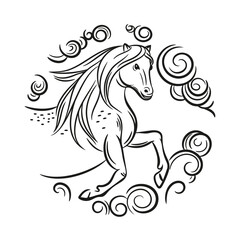 Vector image of a horse. Round emblem. Year of the horse.