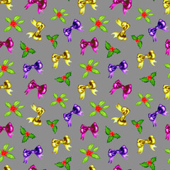Watercolor pattern with Christmas ribbon bows made from silk Hand knot bow. Bows for gifts and packaging.