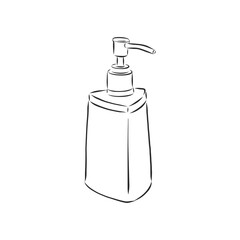 Hand drawn doodle White cosmetic bottle. Black stroke, simple line. Vector illustration isolated on white background. soap dispenser vector sketch illustration