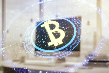 Creative Bitcoin concept with modern laptop background. Multiexposure