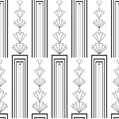 Vector art deco architecture inspired vertical geometric alternating columns and stacks of stylized rhombus flowers. Black and white seamless pattern. Elegant repeat 1920s style ornate all over print