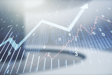 Abstract virtual financial graph and upward arrow hologram on modern interior background, financial and trading concept. Multiexposure