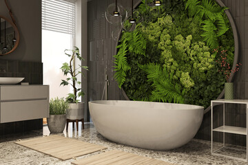 Modern bathroom spa interior with wooden decor in eco style. 3D Render