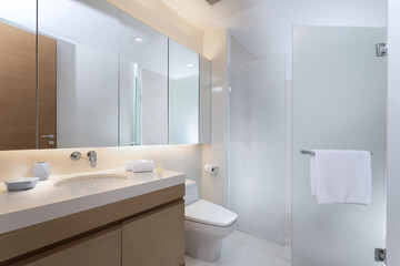 Naklejka na ściany i meble view of nice white tiled modern restroom