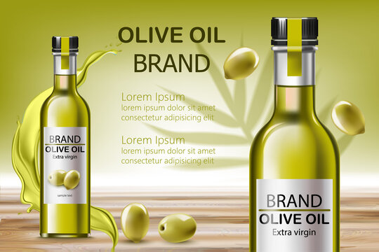 Two bottles with extra virgin oil. Surrounded by flowing liquid and olives. Place for text. Realistic 3D mockup product placement