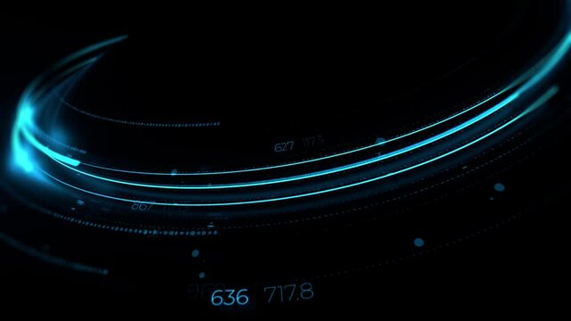 Blue 3d render loop animation of digital light trails. Fast data transfer concept. Render with depth of field effect.