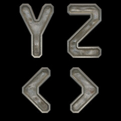 Set of capital letters Y, Z and symbol left, right angle bracket made of industrial metal isolated on black background. 3d