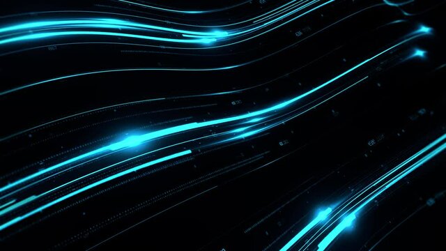 Blue 3d render loop animation of digital light trails. Fast data transfer concept. Render with depth of field effect.
