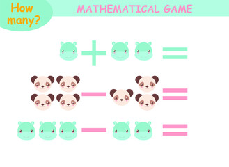 mathematical examples of addition and subtraction with cute animals. educational page for children.