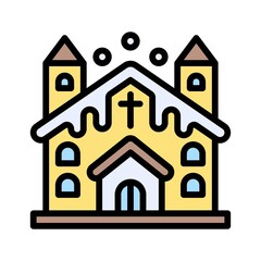 snow town in winter related church buildings with ice and cross sign with editable stroke,