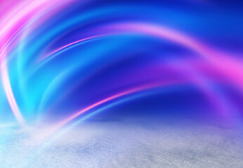 Dark Christmas abstract background. Snow cover, neon glow, blurred bokeh, snowflakes. 3d illustration