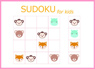 Fototapeta na wymiar Sudoku for kids. Children's puzzles. Educational game for children. cute animals (monkey, lion, giraffe, panda, hippopotamus, bear)
