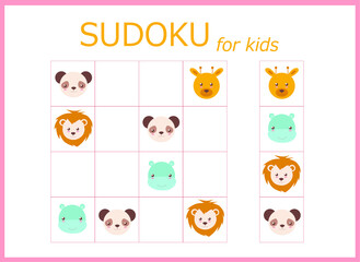 Sudoku for kids. Children's puzzles. Educational game for children. cute animals (monkey, lion, giraffe, panda, hippopotamus, bear)
